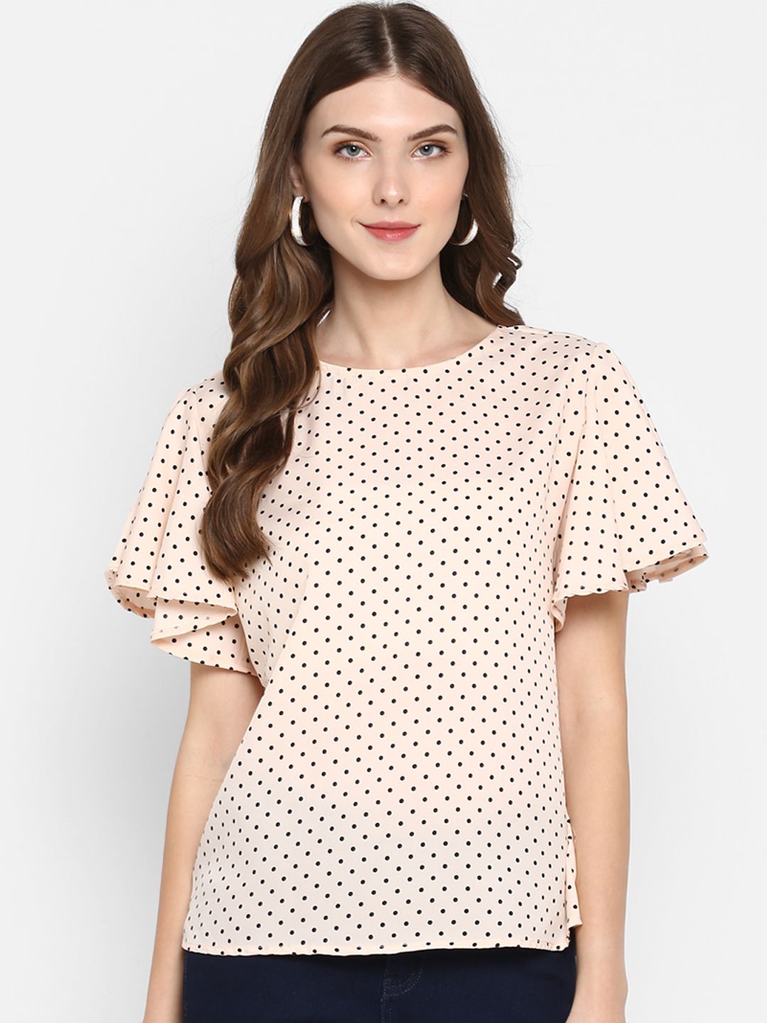 Peach Polka Dot Flutter Sleeve Top — view 7