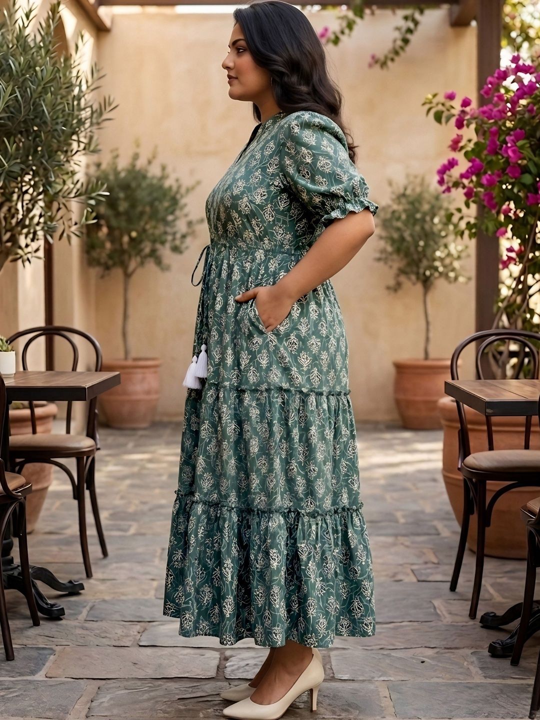 Green Floral Tiered Plus Size Dress — view 4
