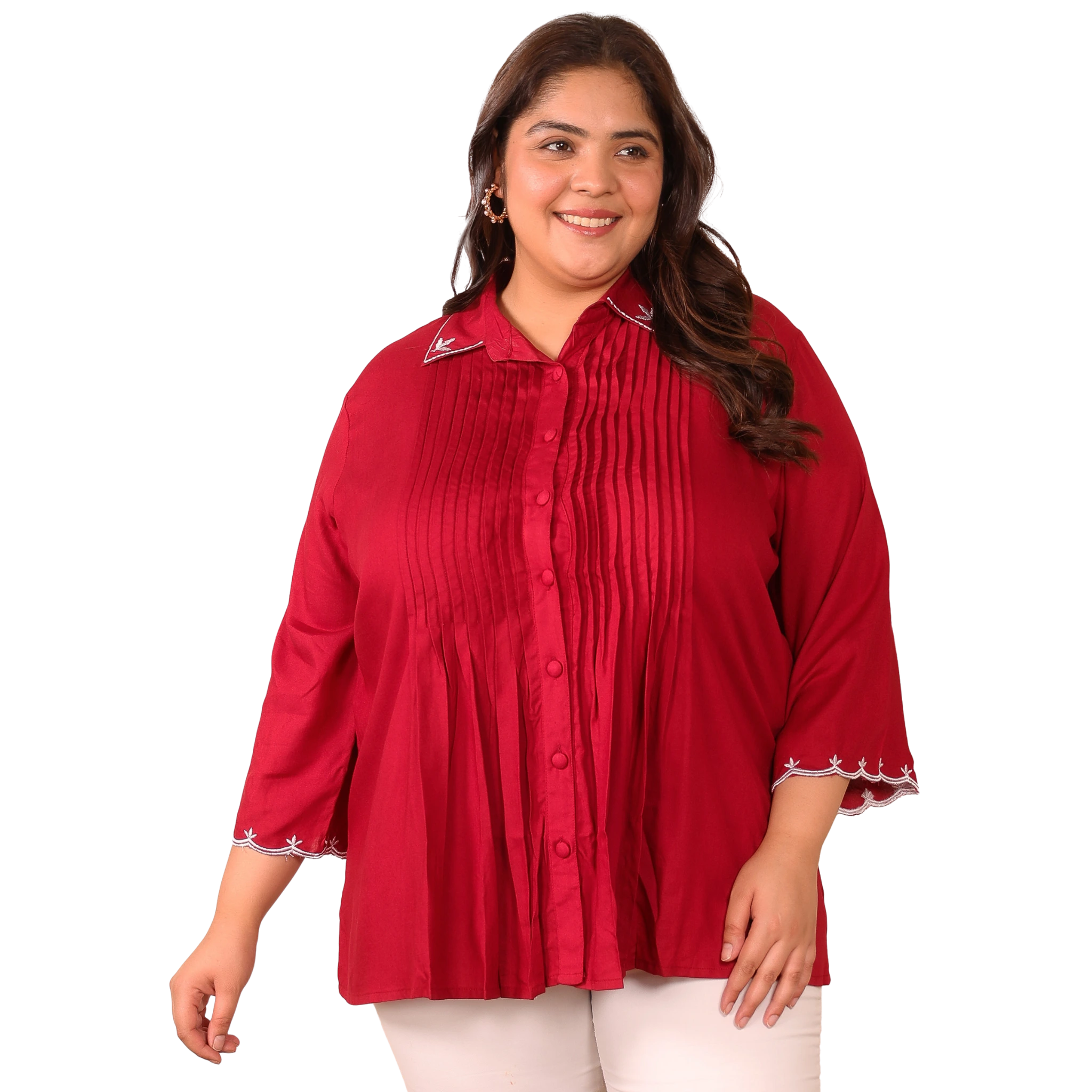 Red Rayon Collar Embroidered Tunic