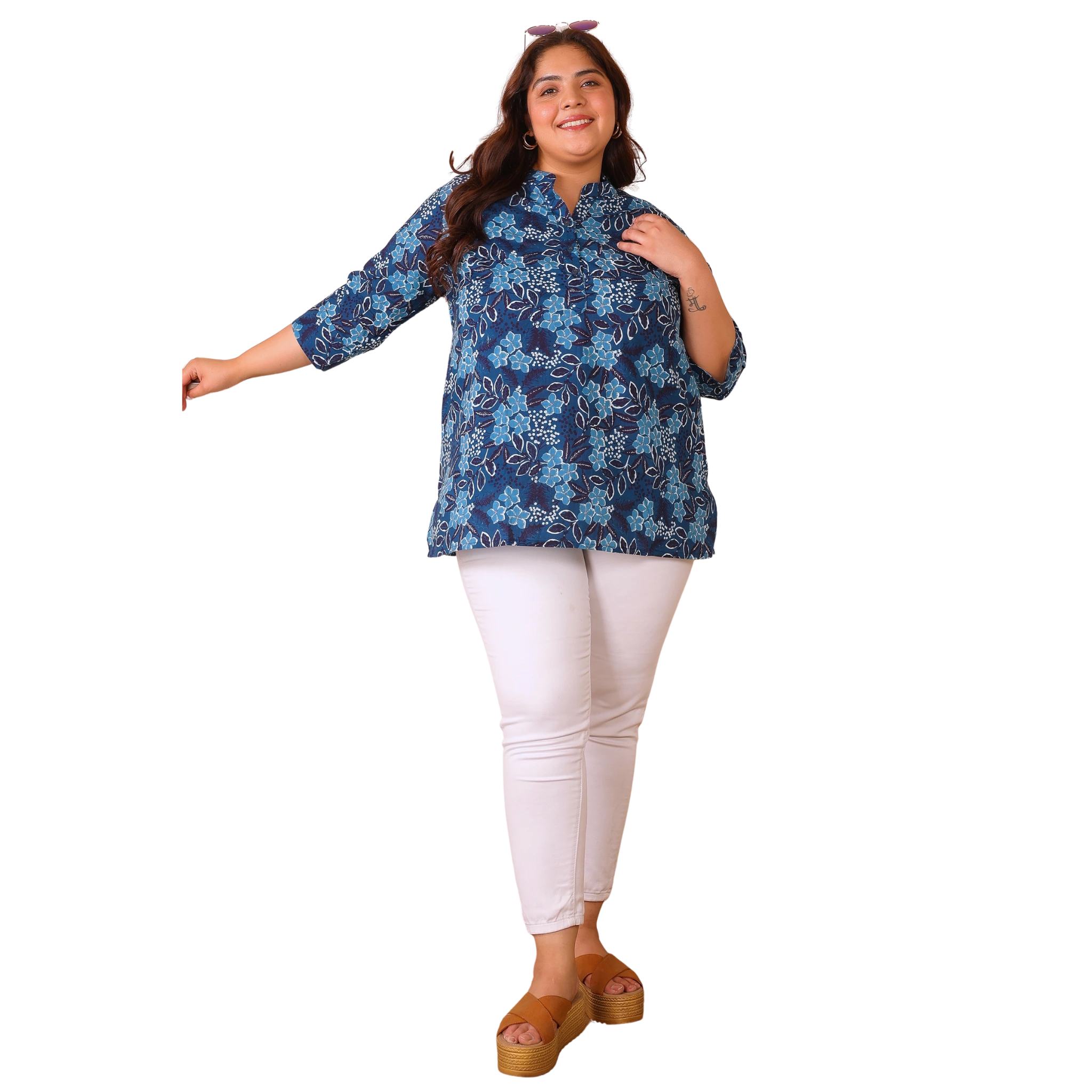 Blue Floral Cotton Print Tunic