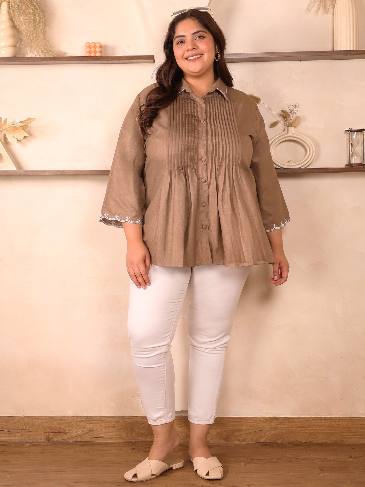 Brown Cotton Collar Embroidered Tunic