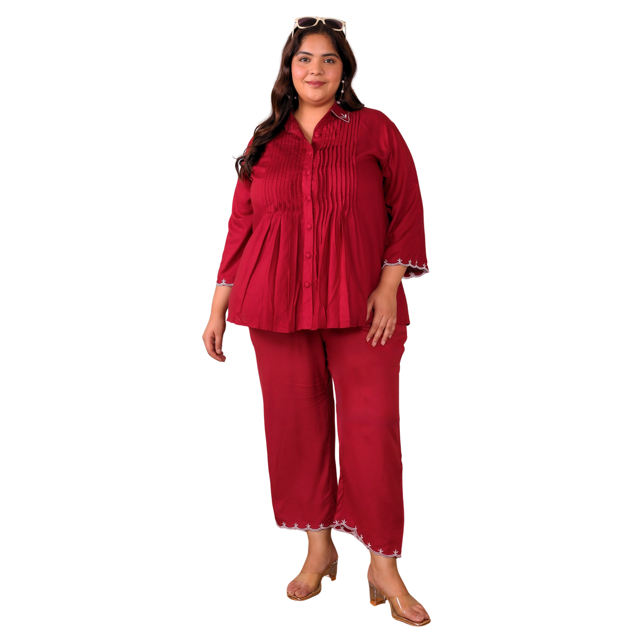 Red Rayon Collar Embroidered Co Ord Set