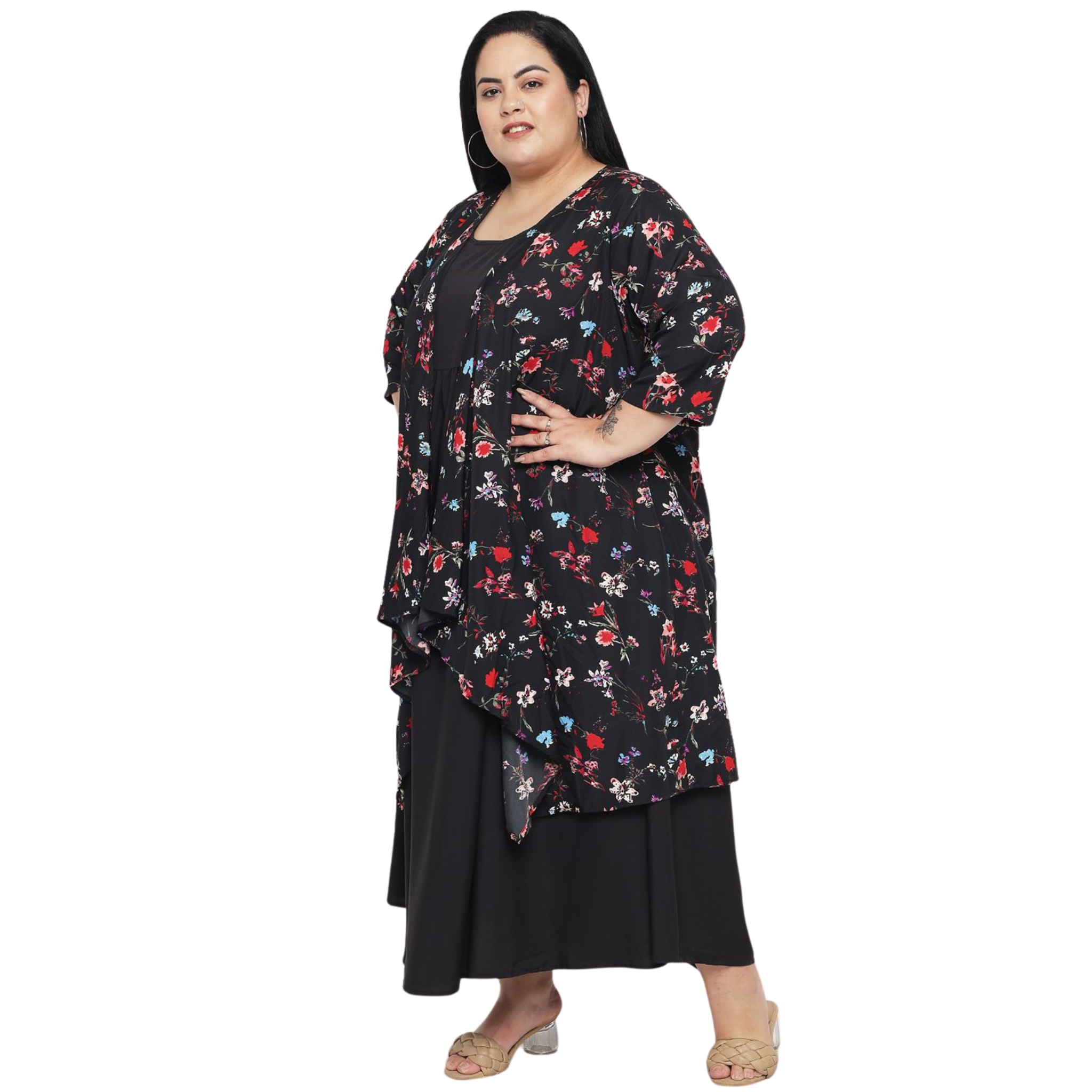 Black Floral Layered Maxi Plus Size Dress