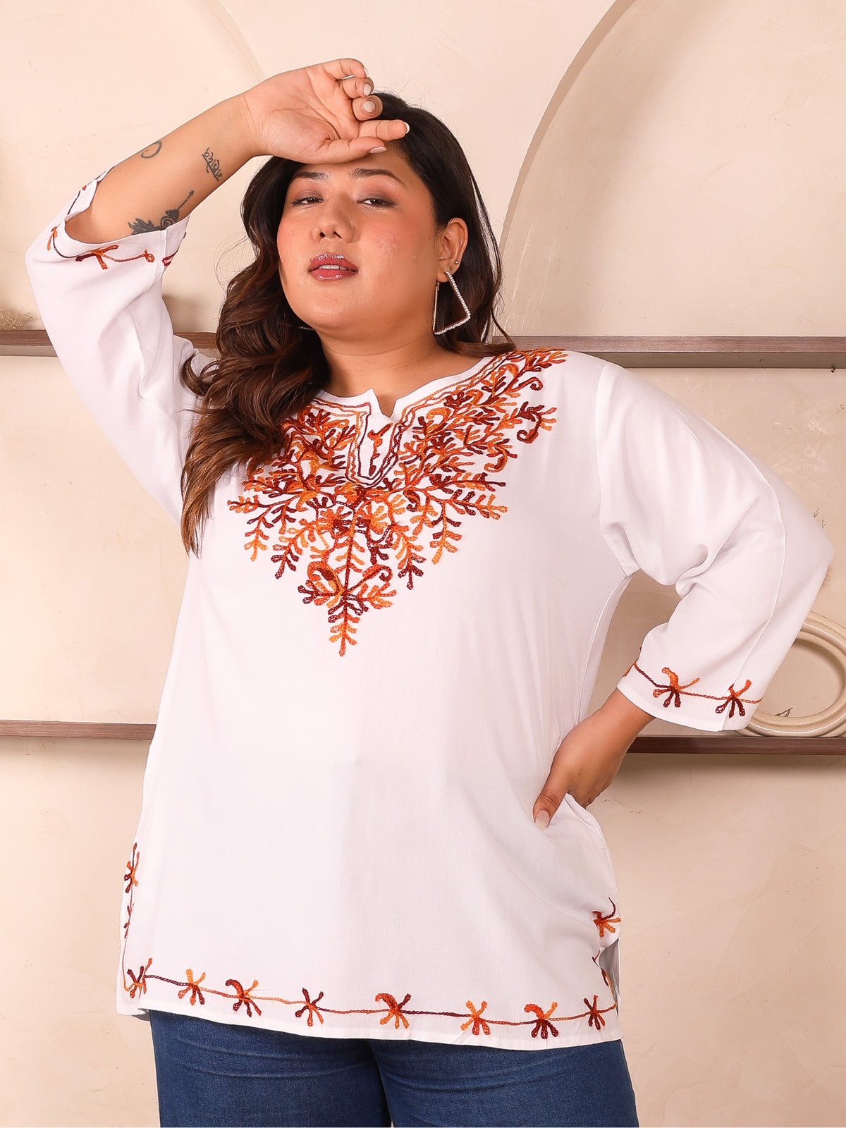 White And Red Embroidered Plus Size Tunic