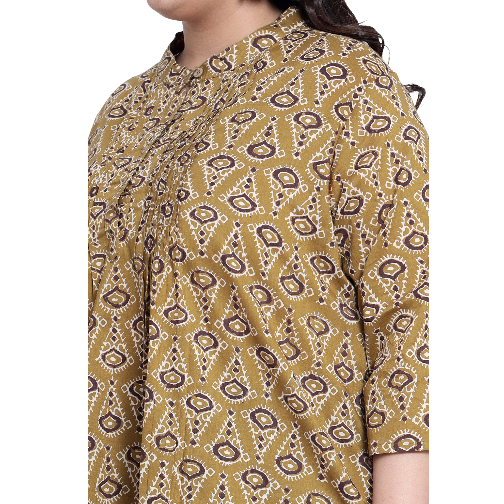 Mustard Geometric Print Pleat Plus Size Tunic