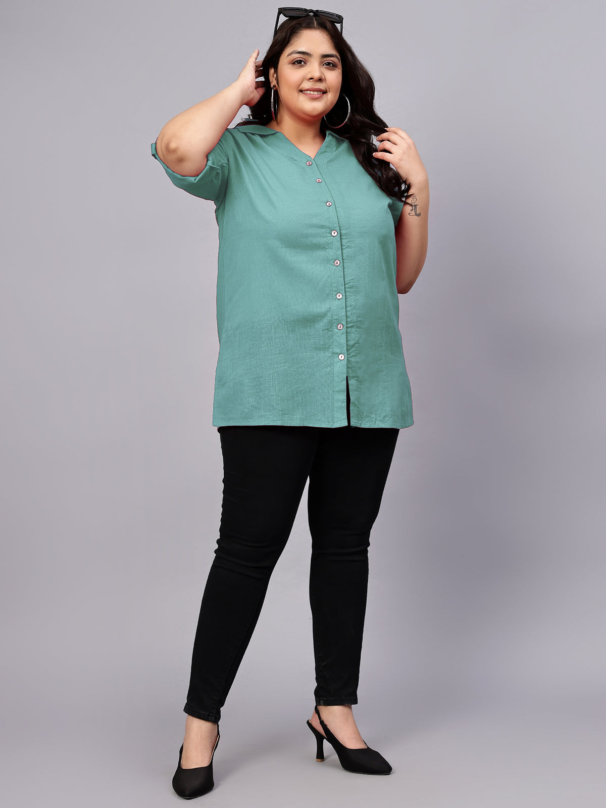 Blue Cotton Longline Plus Size Shirt