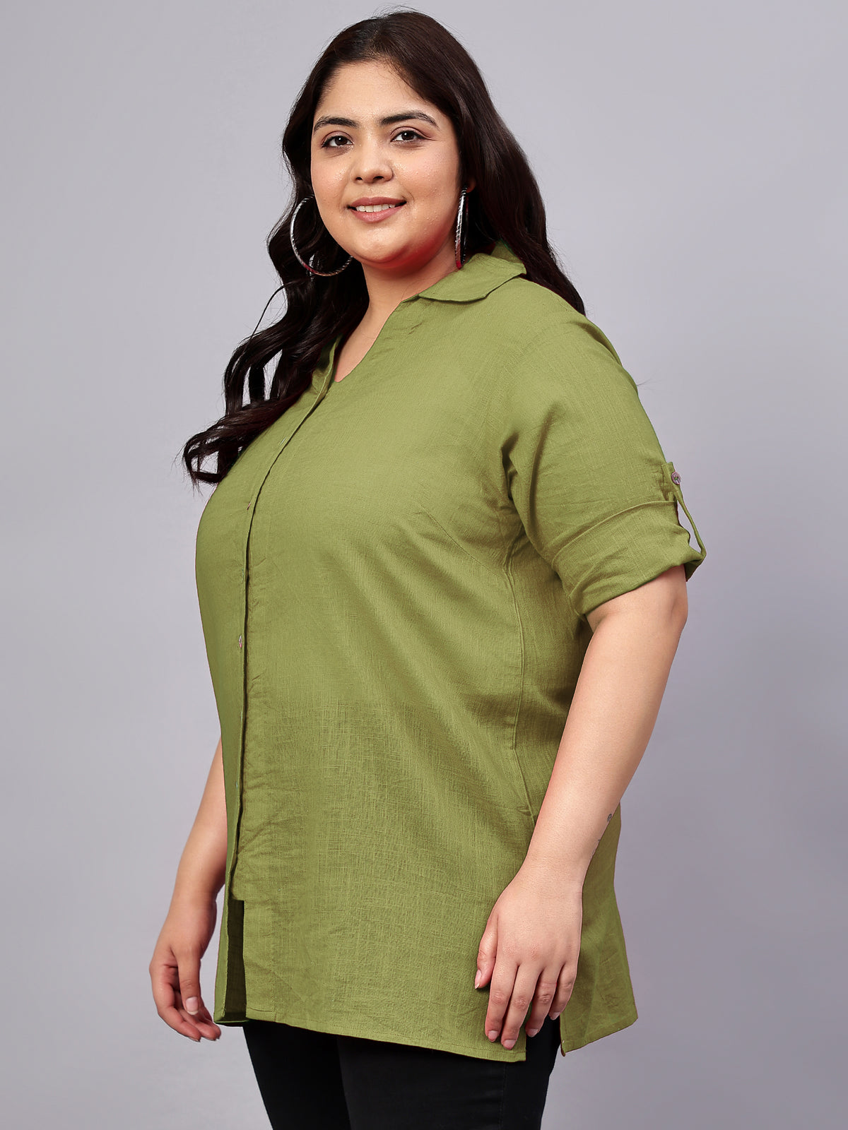 Green Cotton Longline Plus Size Shirt