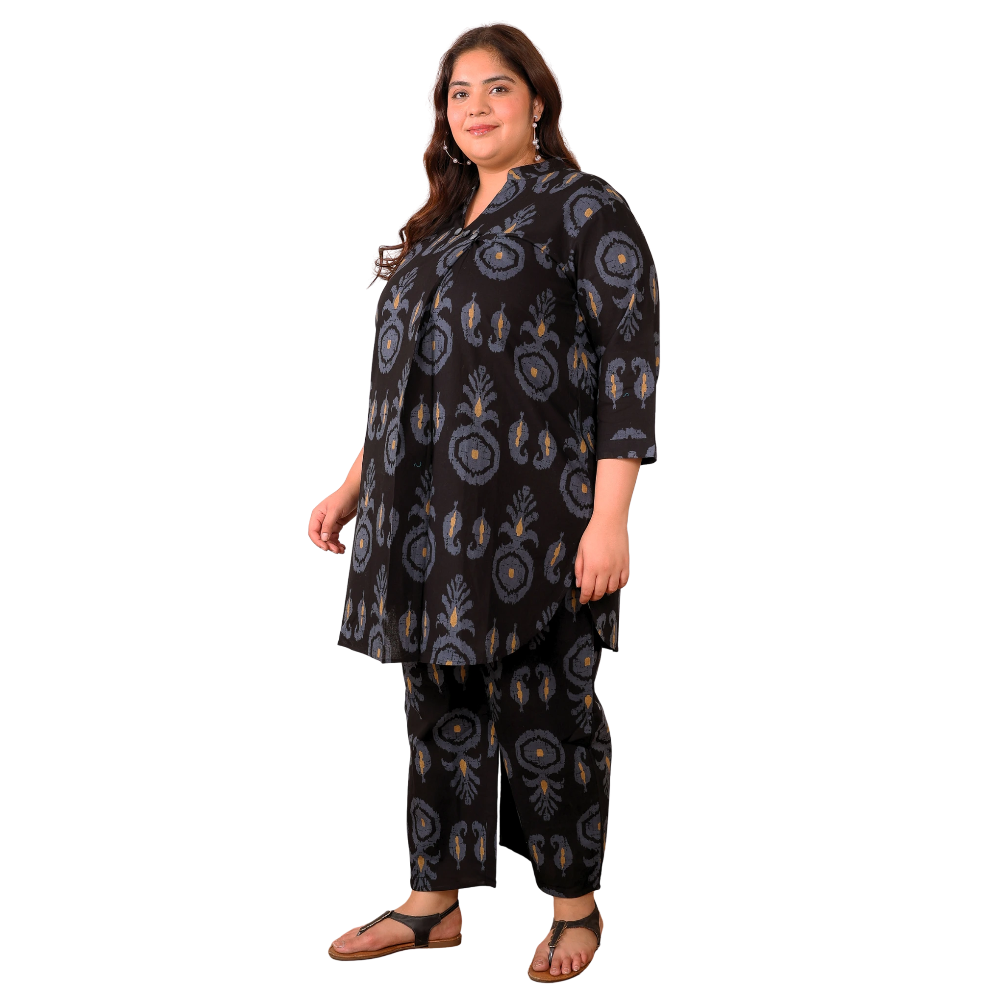 Black Cotton Print Plus Size Co Ord Set