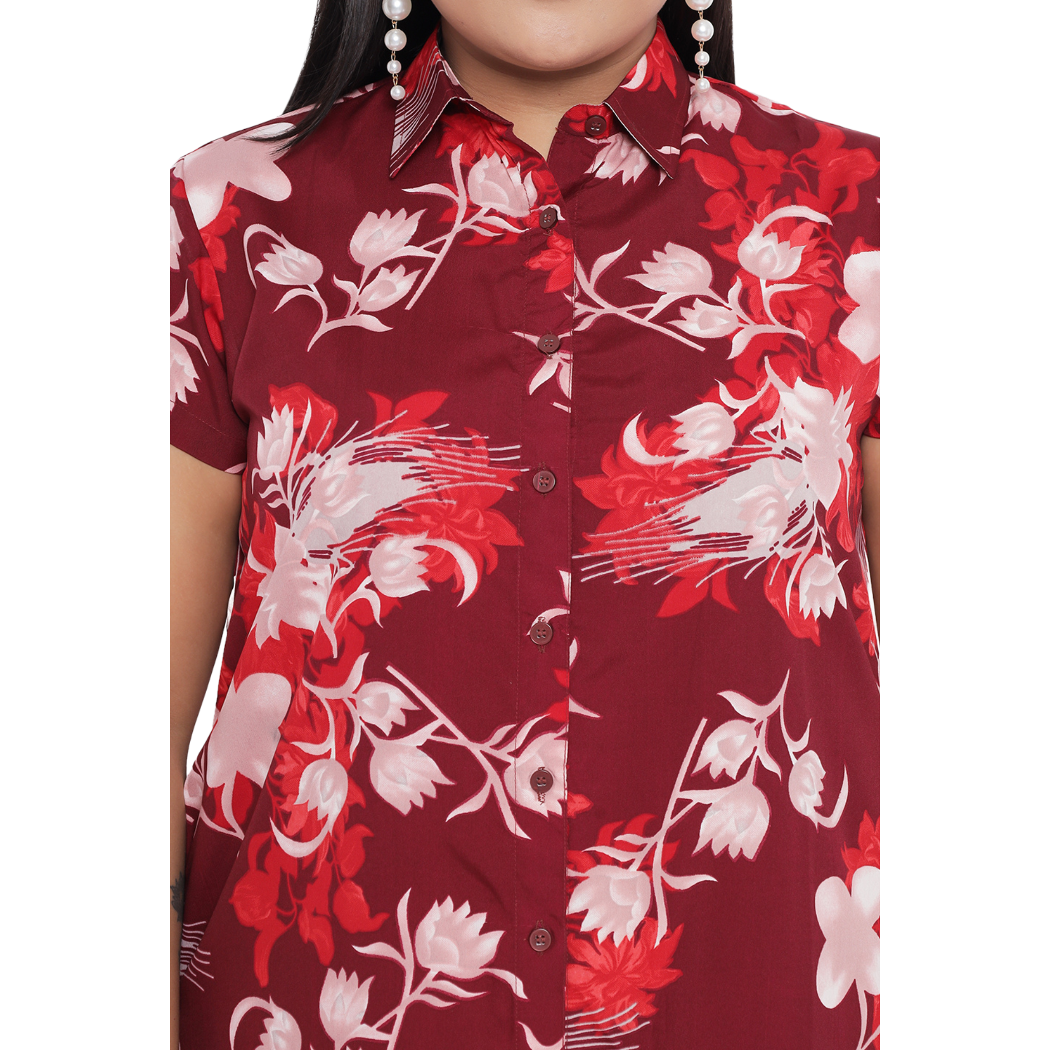 Maroon Floral Plus Size Shirt Dress