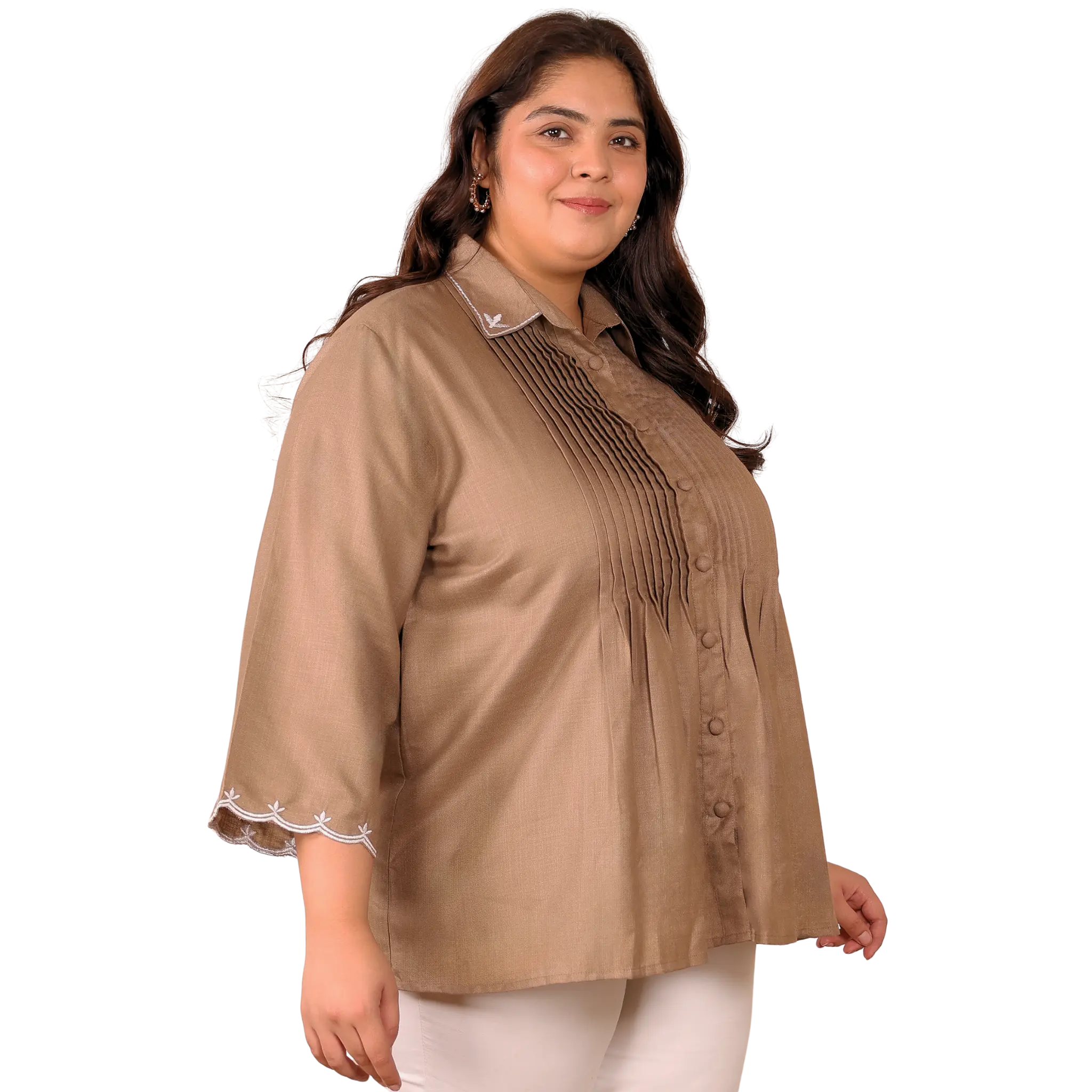 Brown Cotton Collar Embroidered Tunic