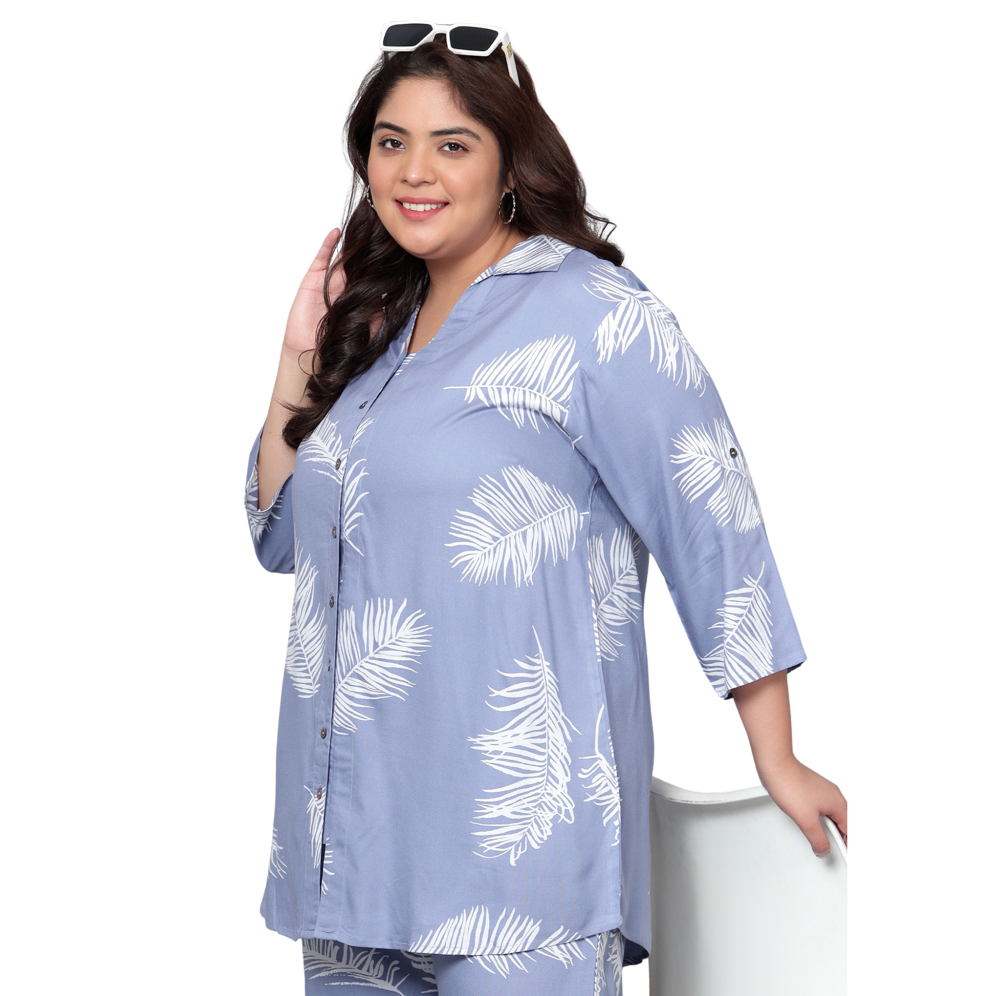 Blue Leaf Print Plus Size Co-Ord Set