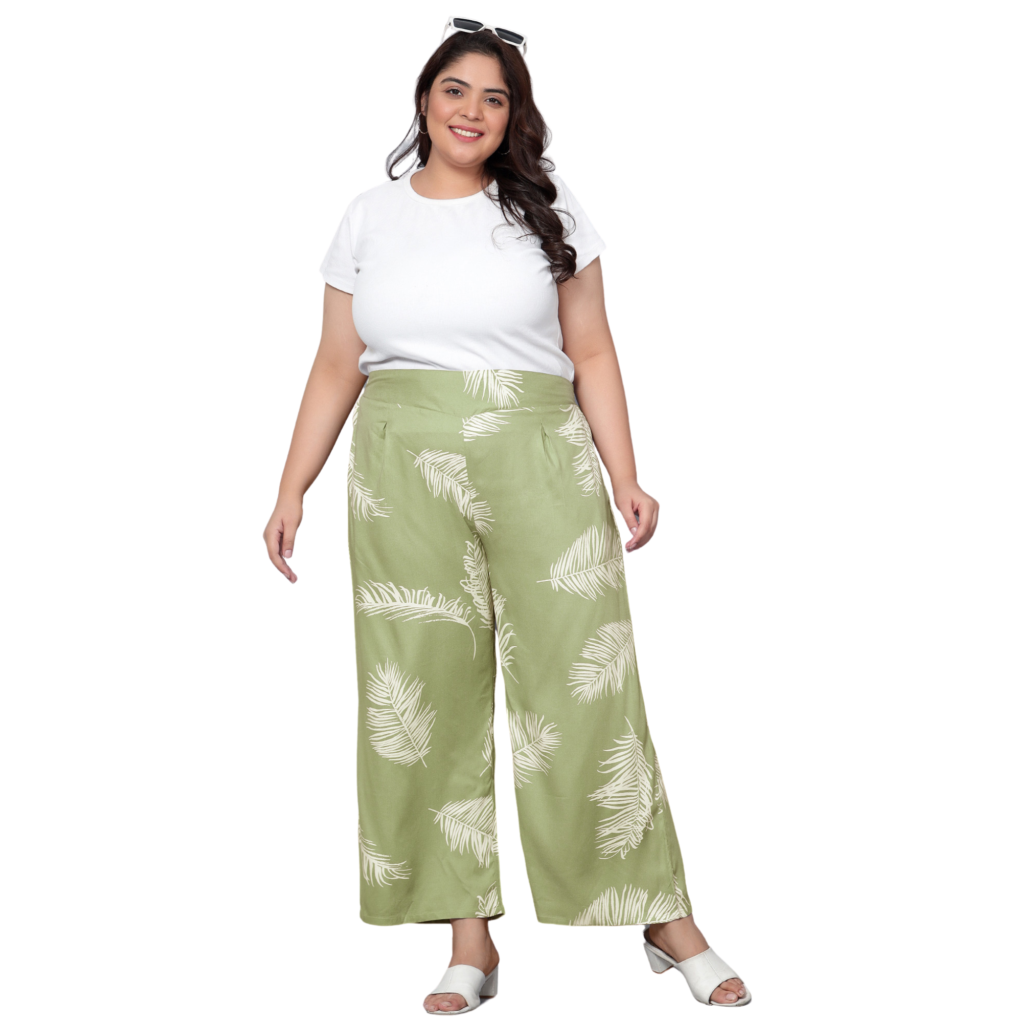 Green Leaf Print Plus Size Trousers