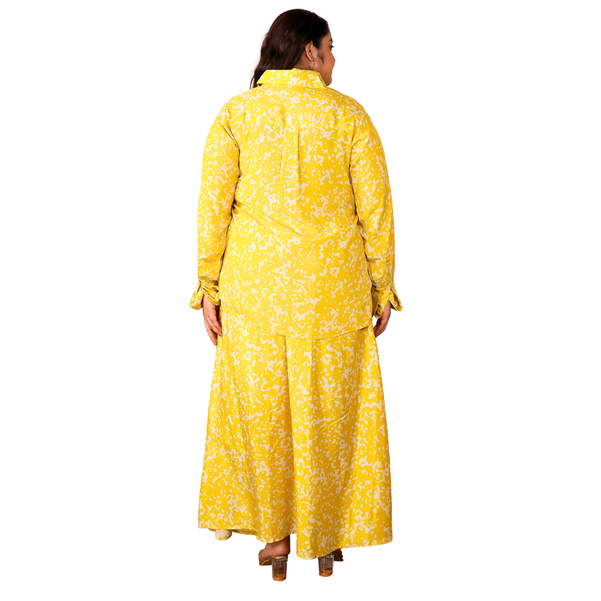 Yellow Satin Print Plus Size Co Ord Set