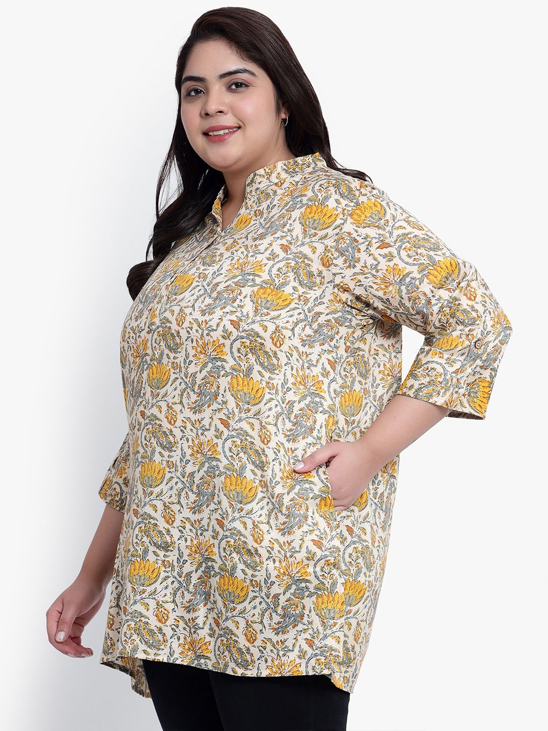 Yellow and Beige Floral Print Plus Size Tunic — view 4
