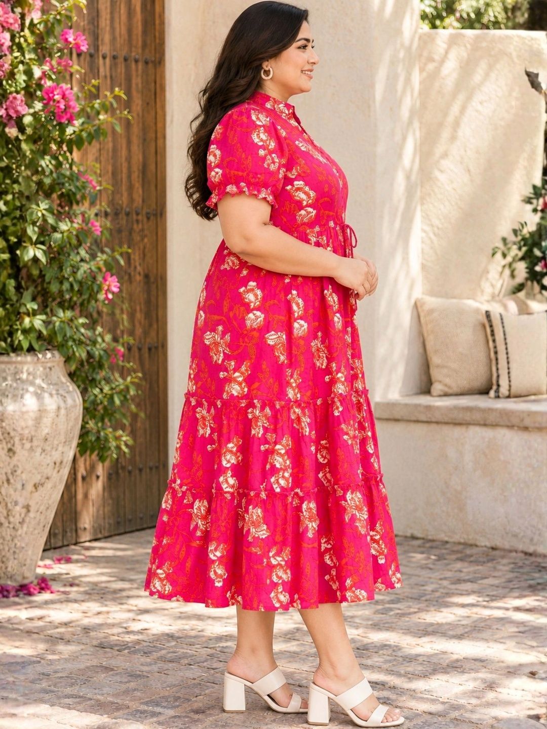 Orange Floral Tiered Plus Size Dress — view 3