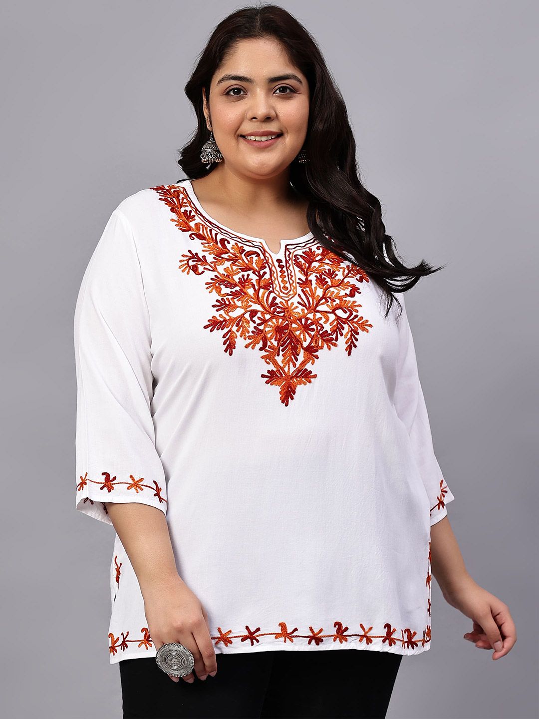 White And Red Embroidered Plus Size Tunic — view 7