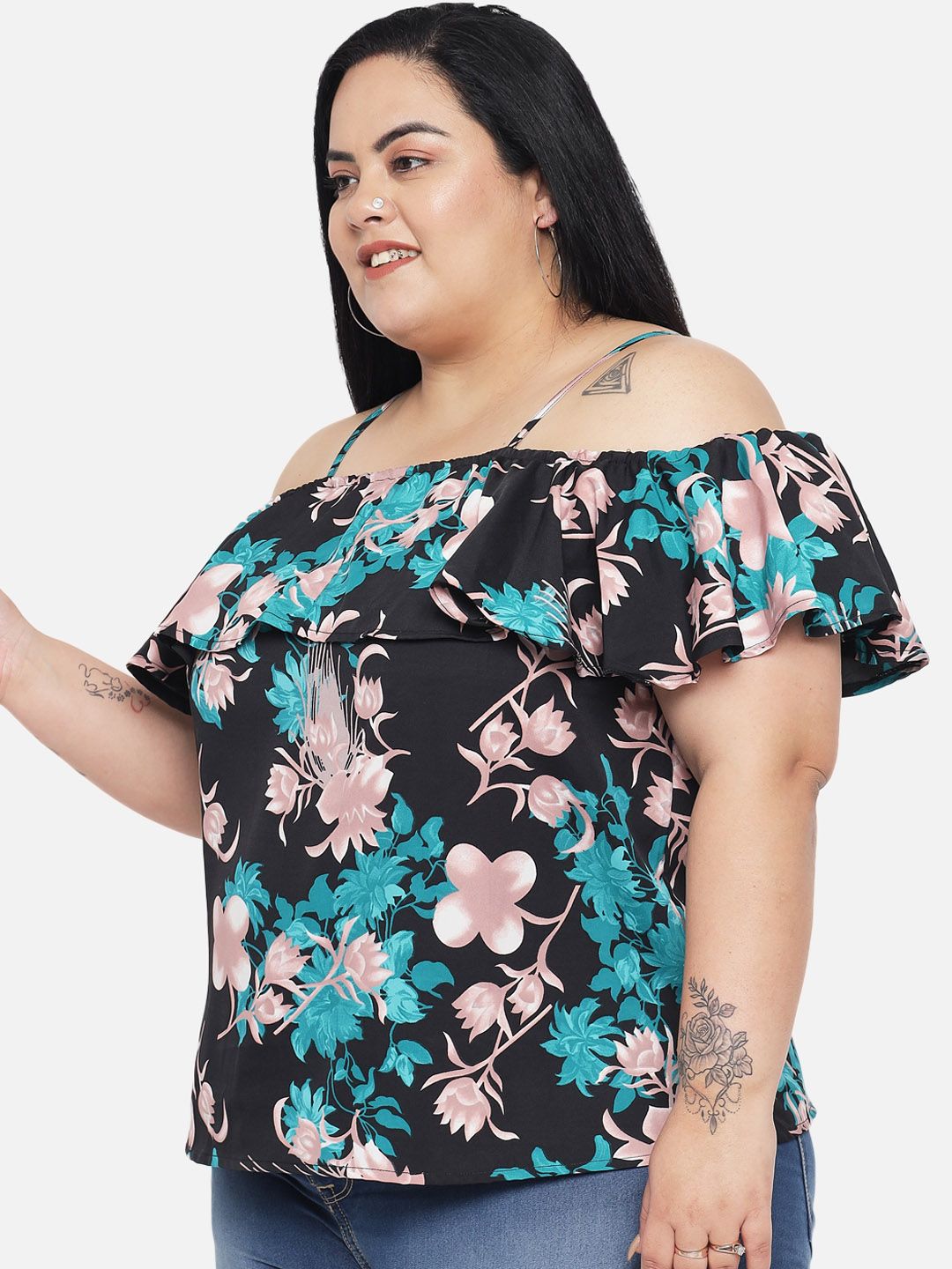 Green Floral Print Plus Size Top — view 4