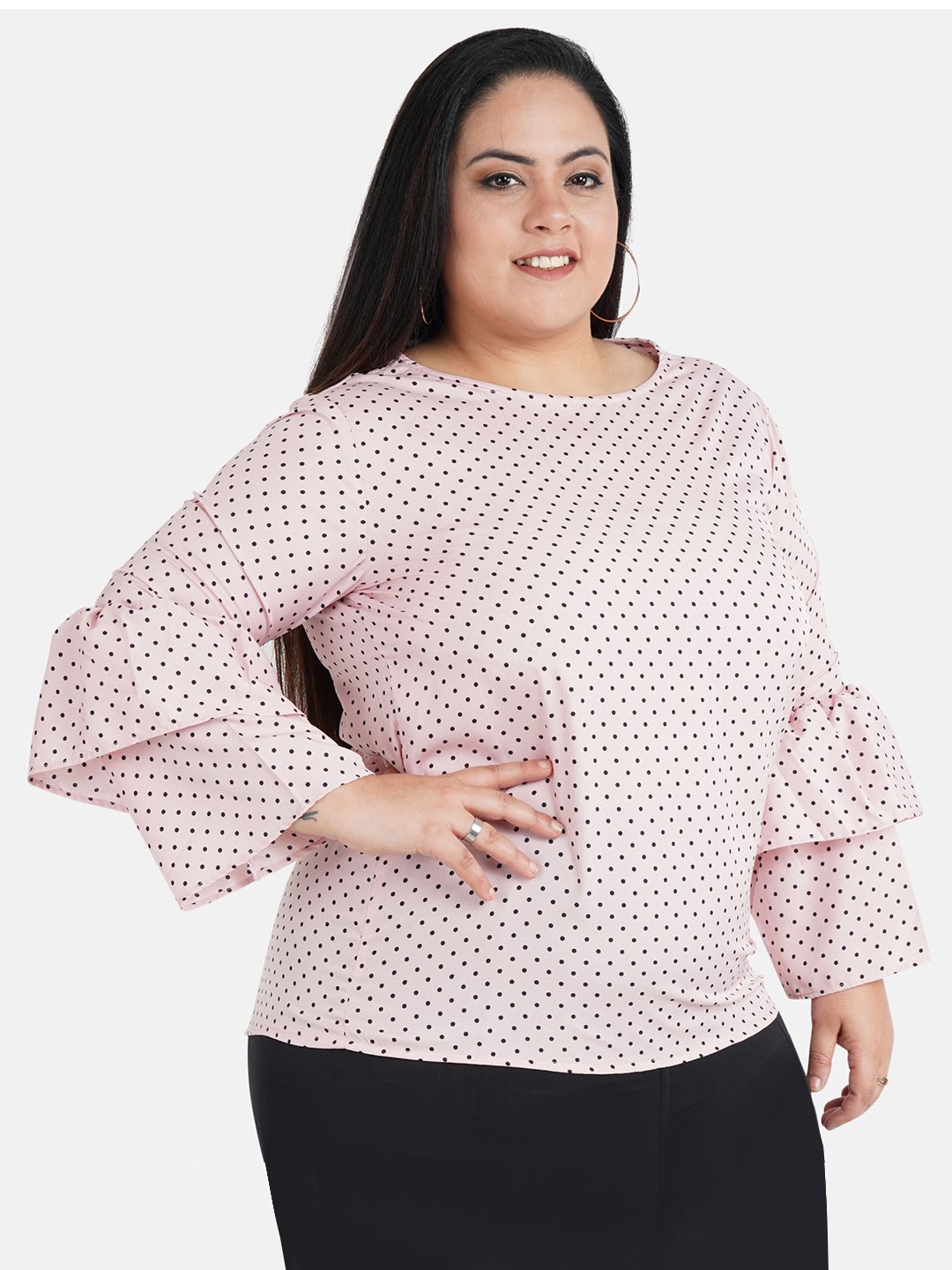 Pink Polka Dot Flared Top — view 3