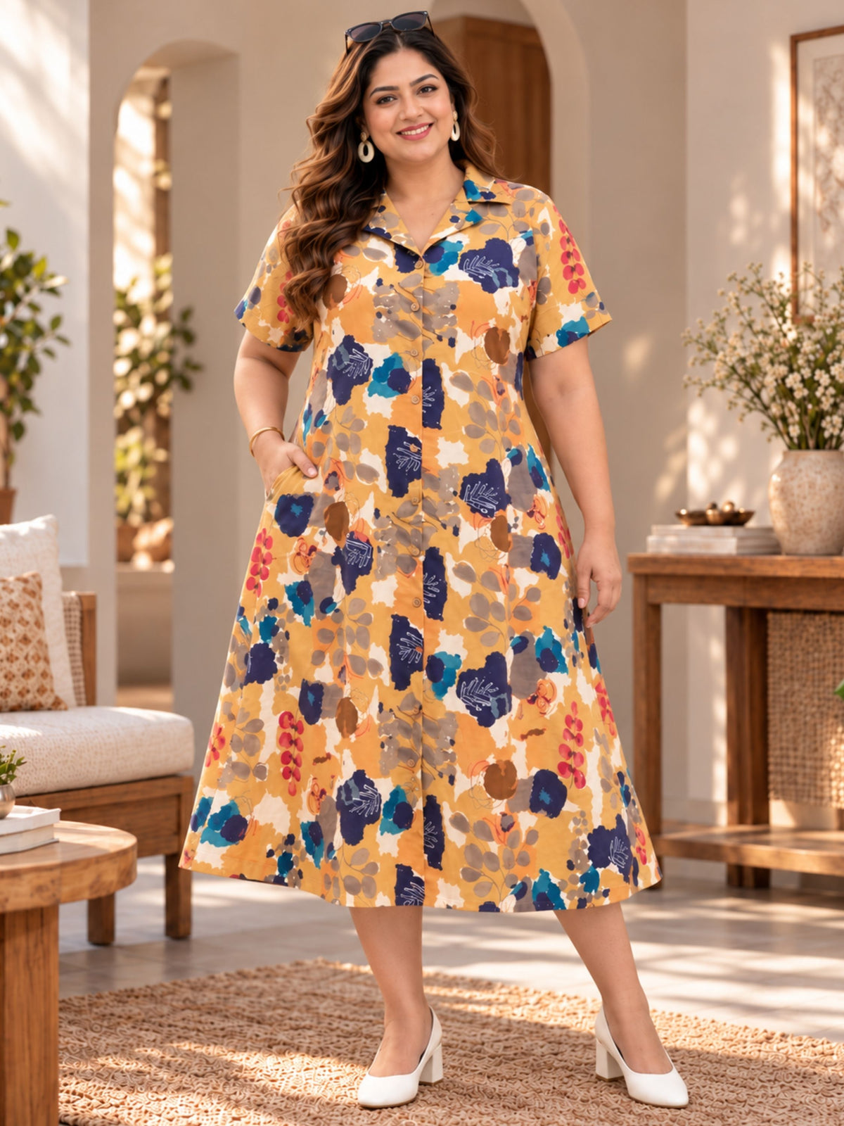 Mustard Motif Print Midi Sleeve Dress