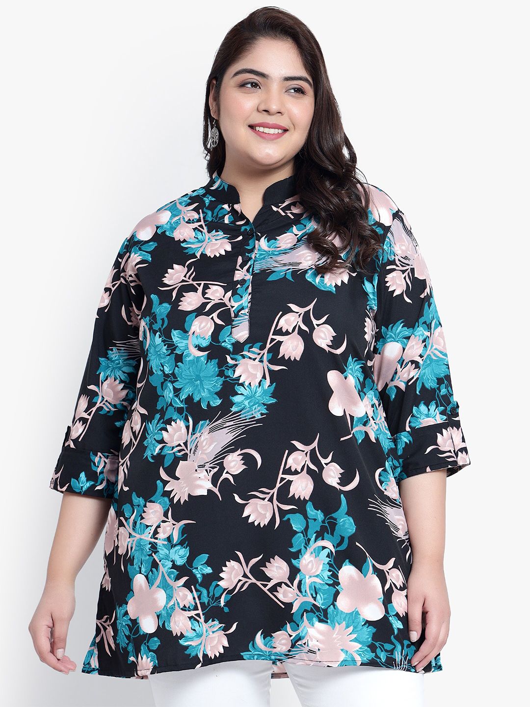 Green and Pink Floral Print Plus Size Tunic — view 1