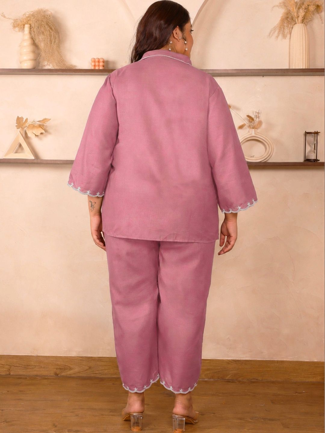 Pink Cotton Collar Embroidered Co Ord Set — view 2