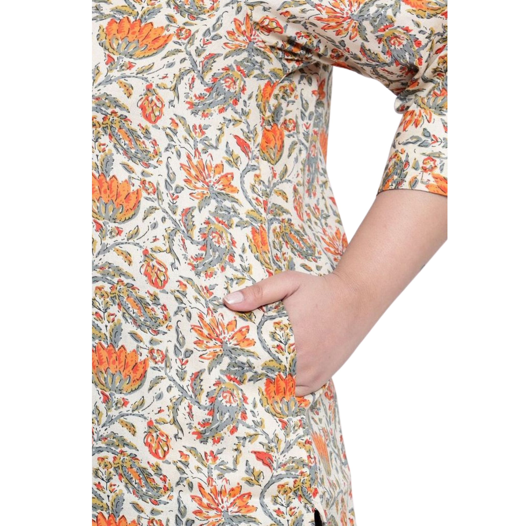 Orange and Beige Floral Print Plus Size Tunic