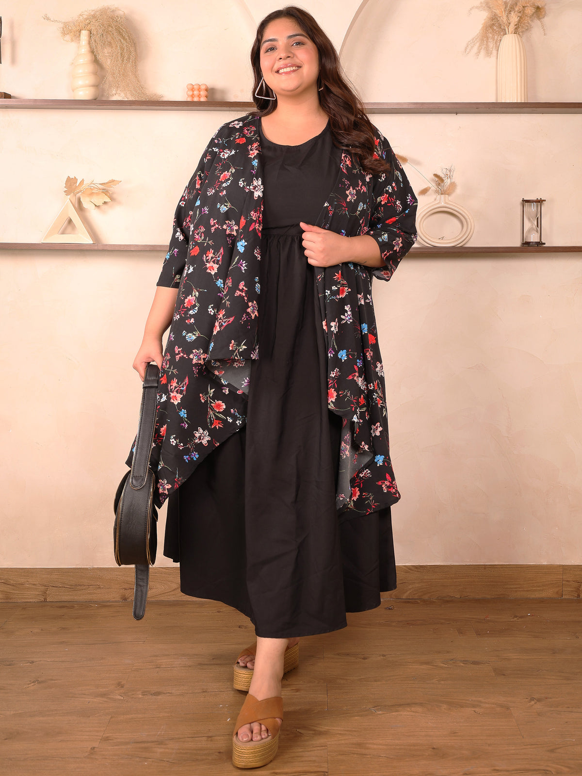 Black Floral Layered Maxi Plus Size Dress