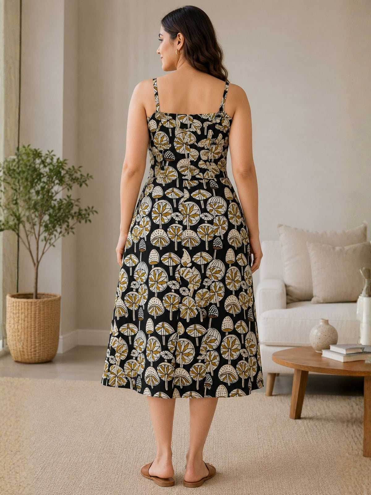 Black Mushroom Print Strap Dress