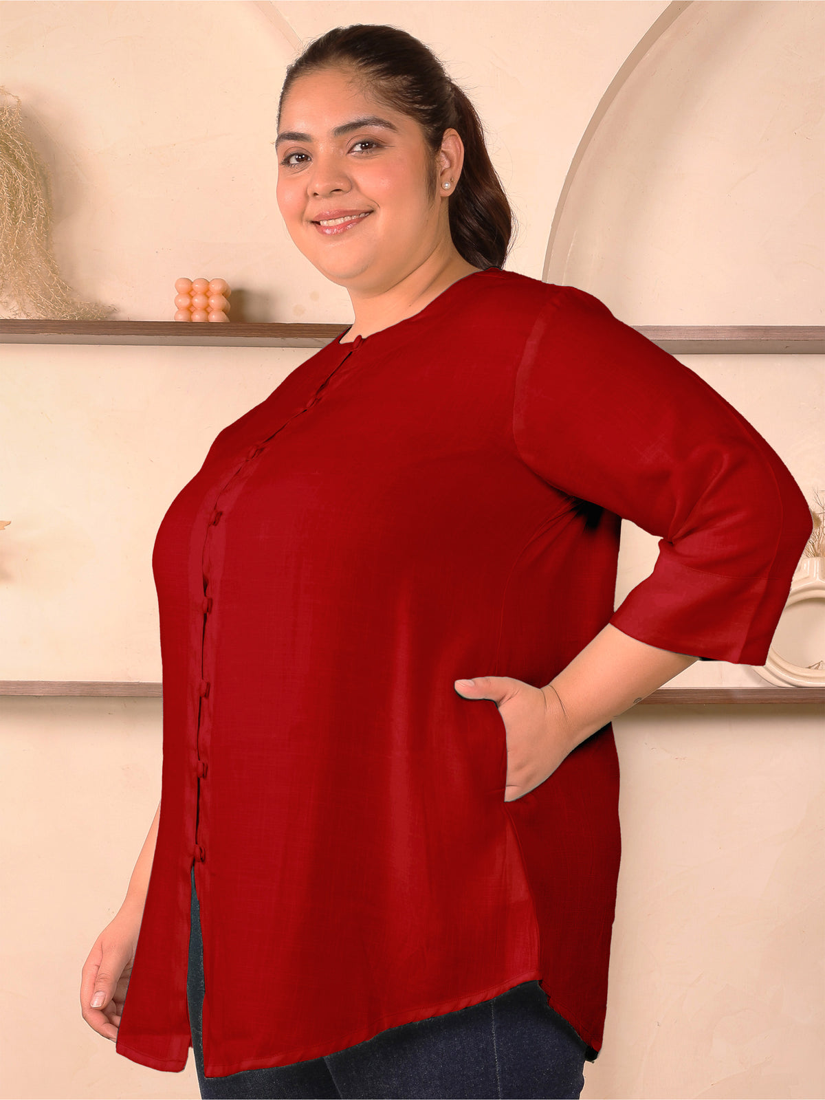 Maroon Cotton Linen Plus Size Tunic