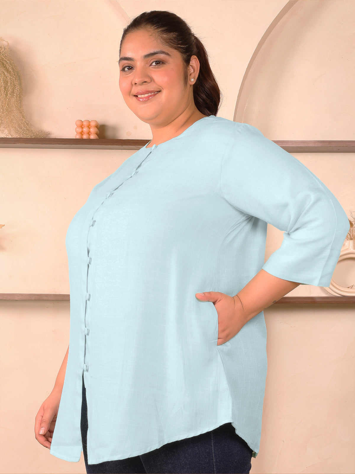Blue Cotton Linen Plus Size Tunic