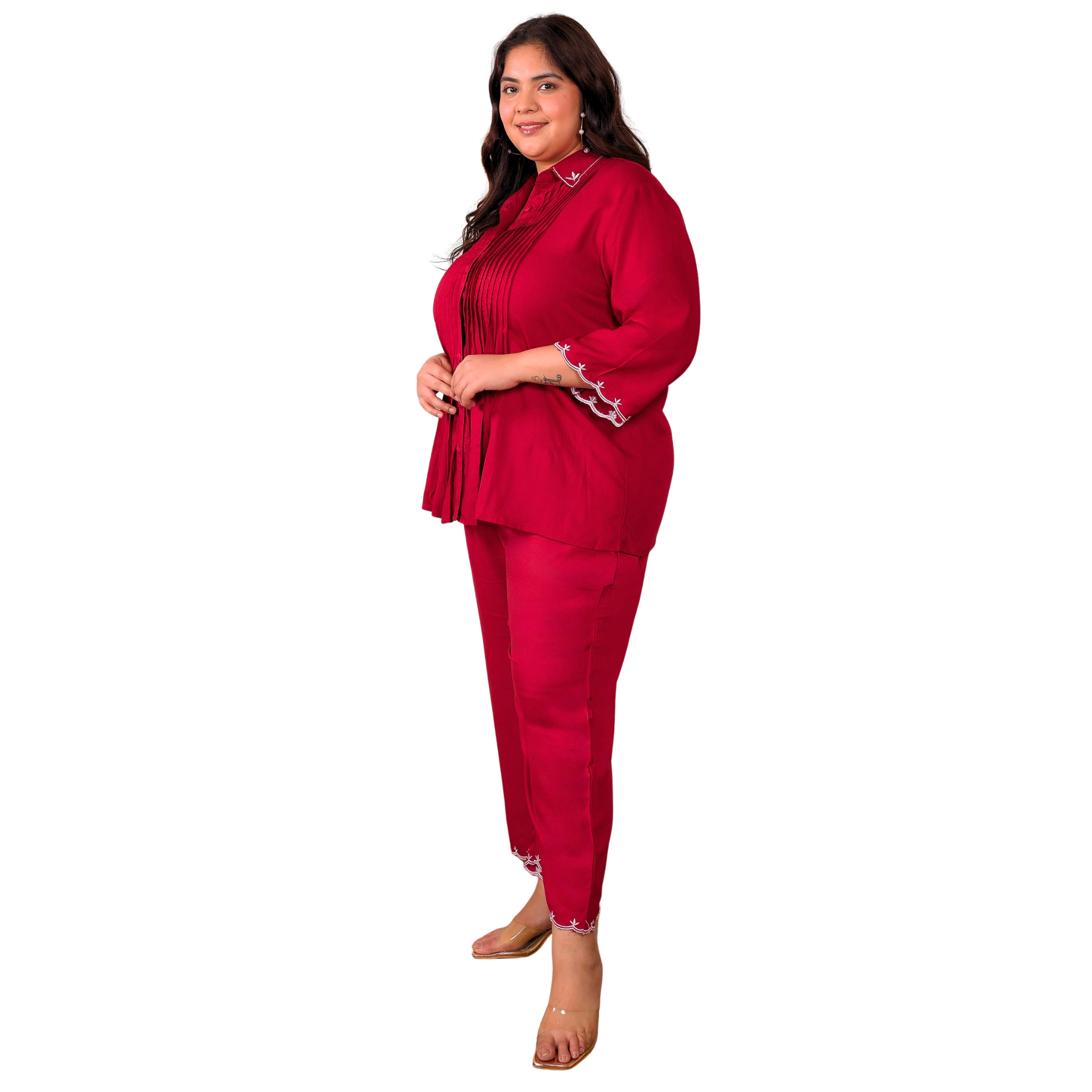 Red Rayon Collar Embroidered Co Ord Set