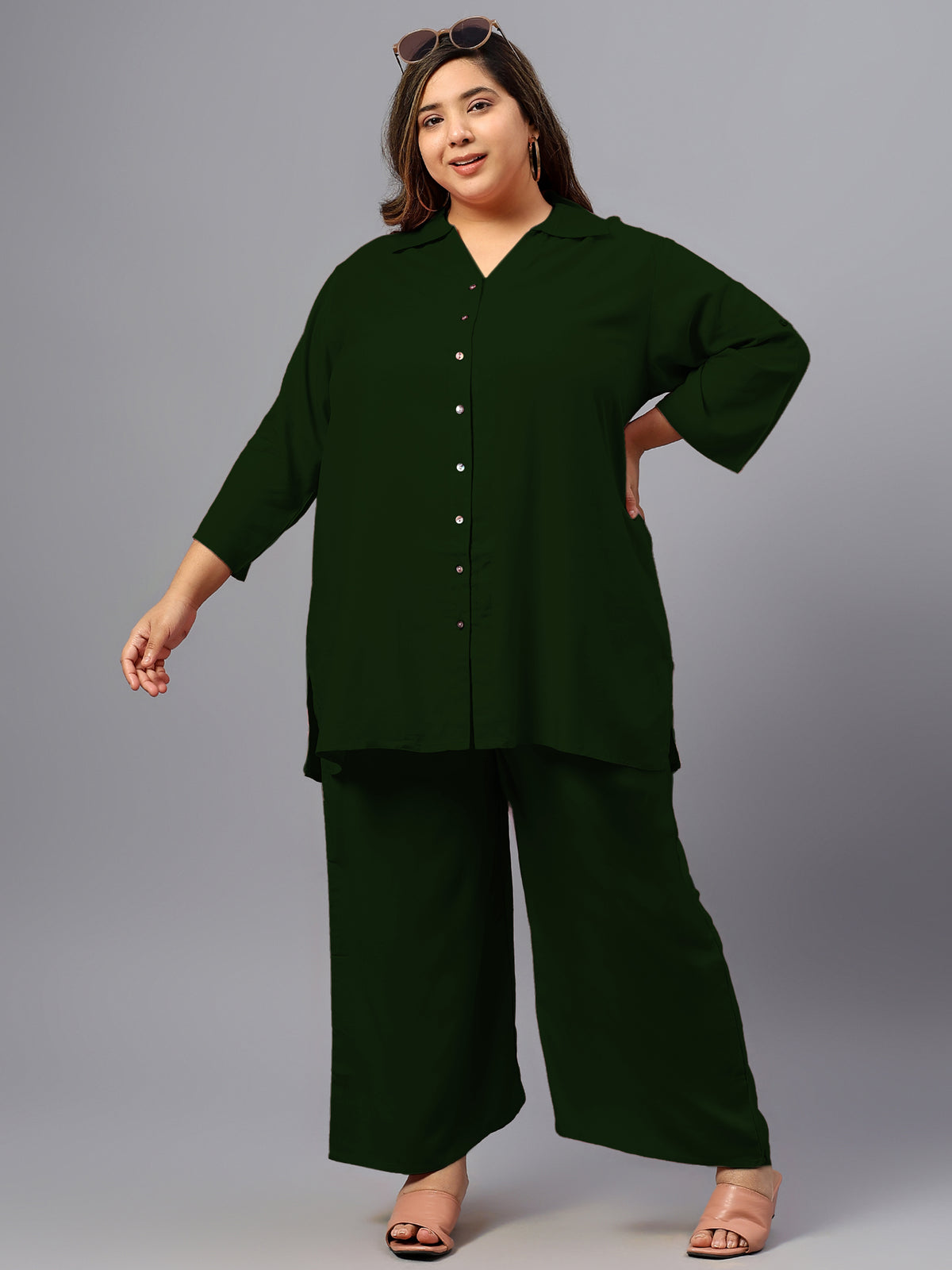 Dark Green Solid Plus Size Co-Ord Set