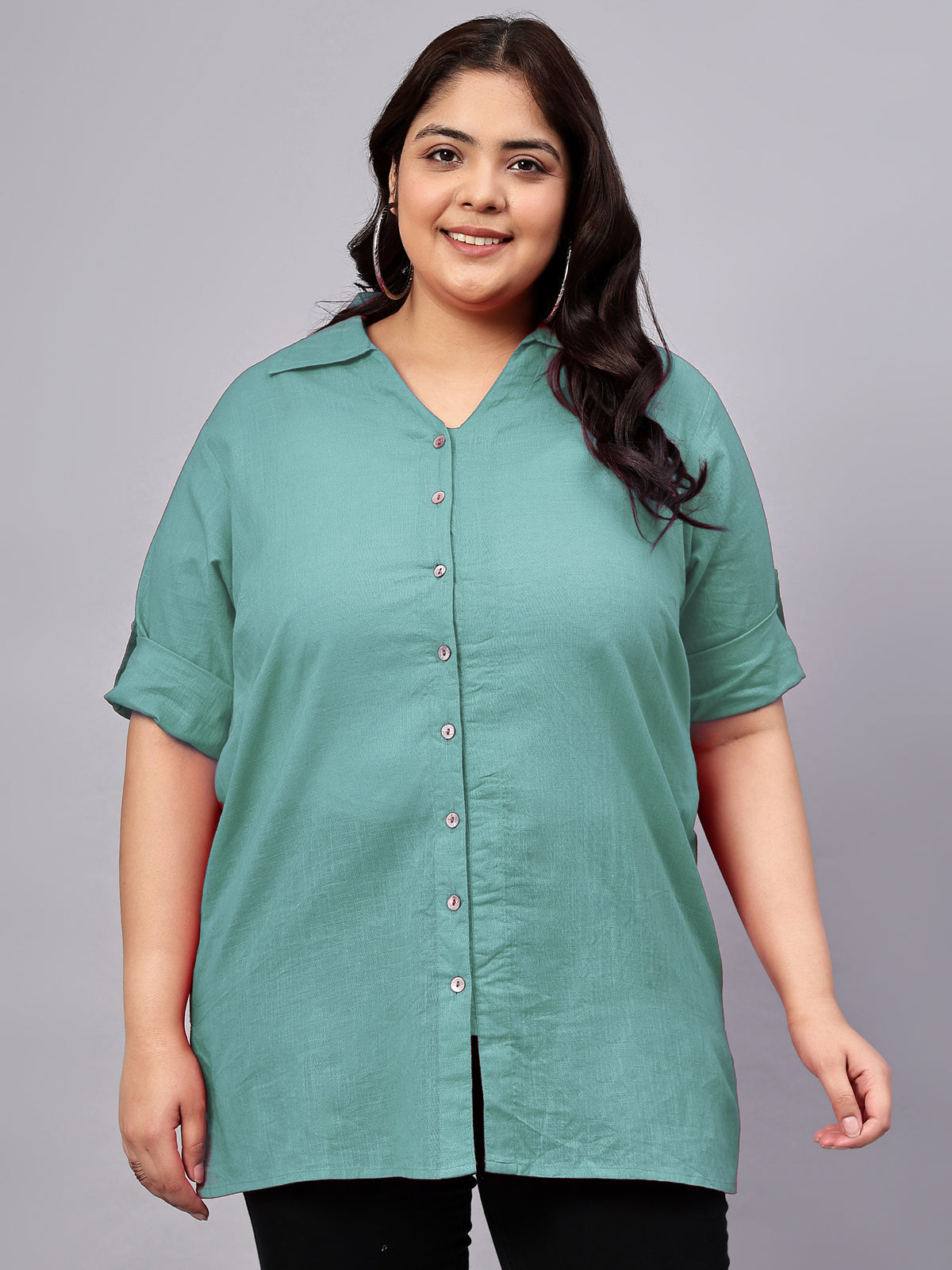 Blue Cotton Longline Plus Size Shirt