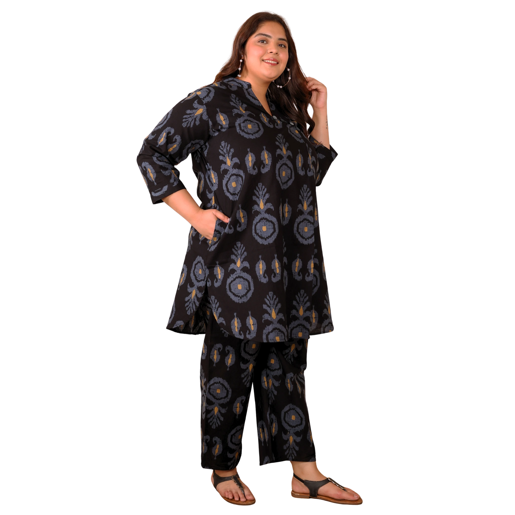 Black Cotton Print Plus Size Co Ord Set
