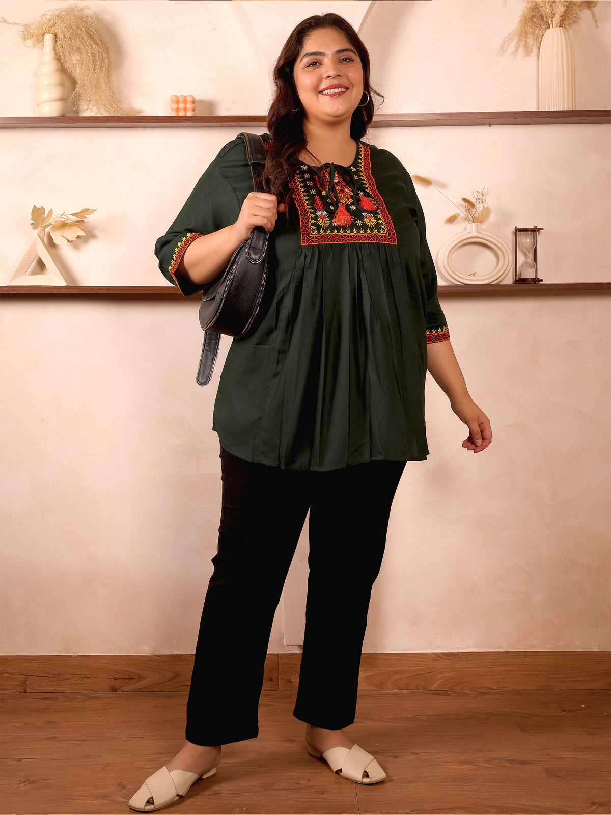 Dark Green Embroidered Plus Size Tunic