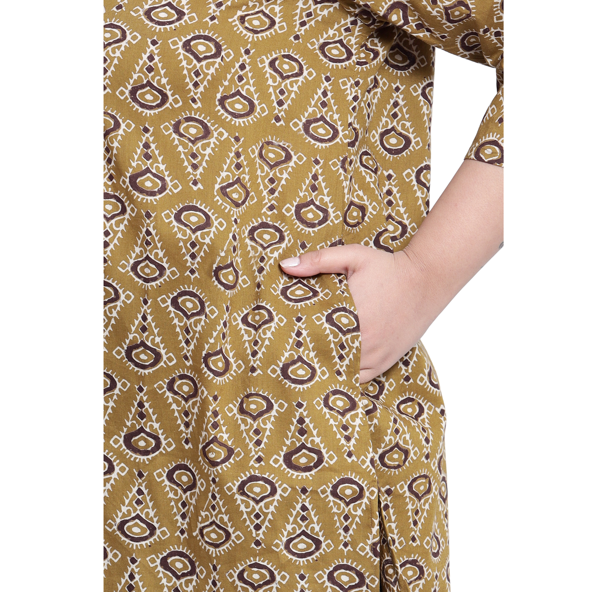 Mustard Geometric Print Pleat Plus Size Tunic