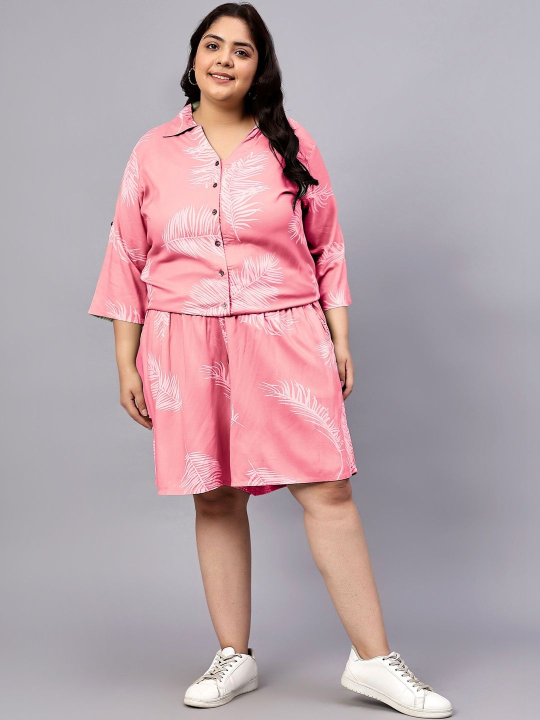 Pink Leaf Shirt And Short Set — view 1