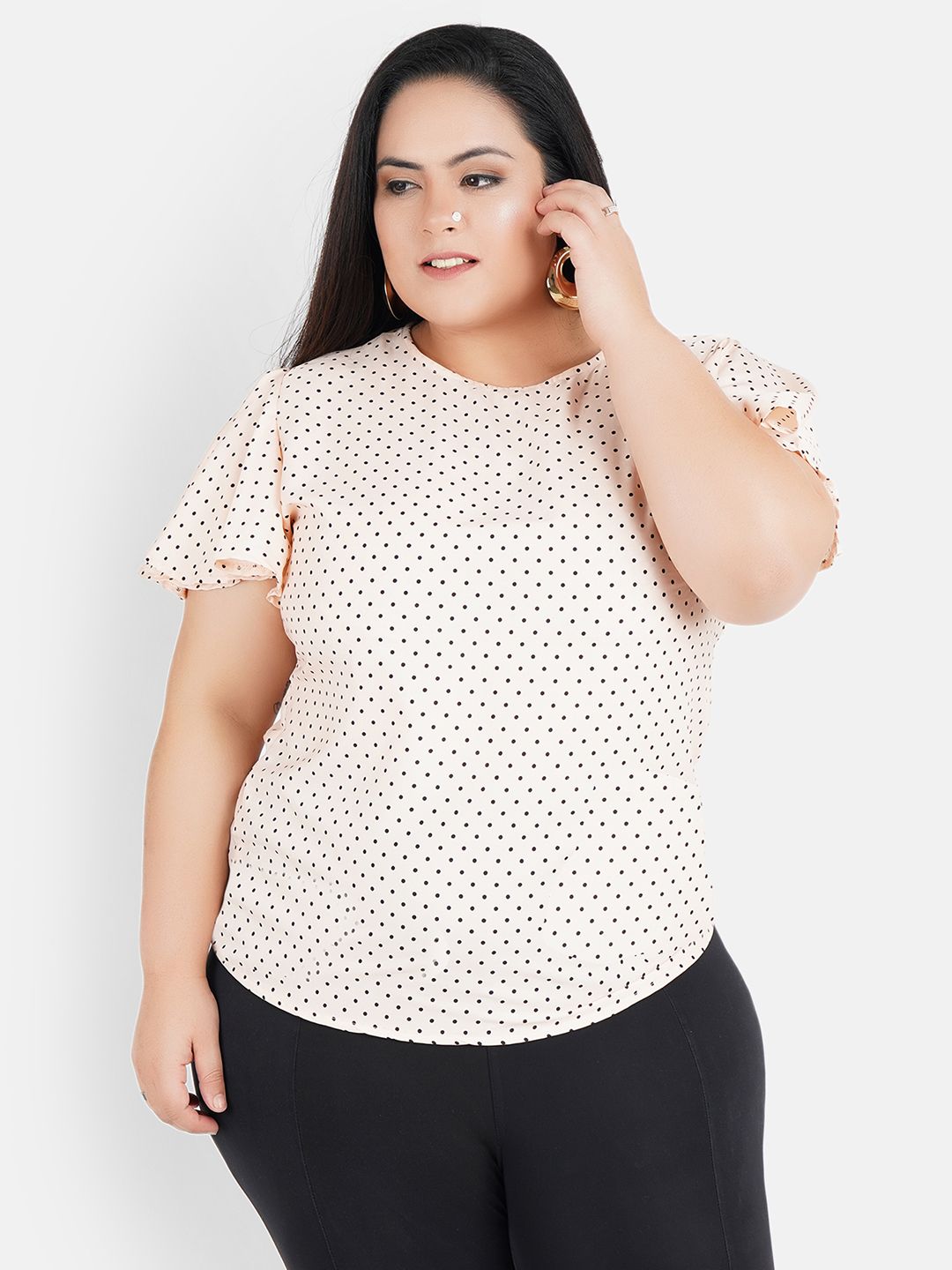 Peach Polka Dot Flutter Sleeve Top — view 1