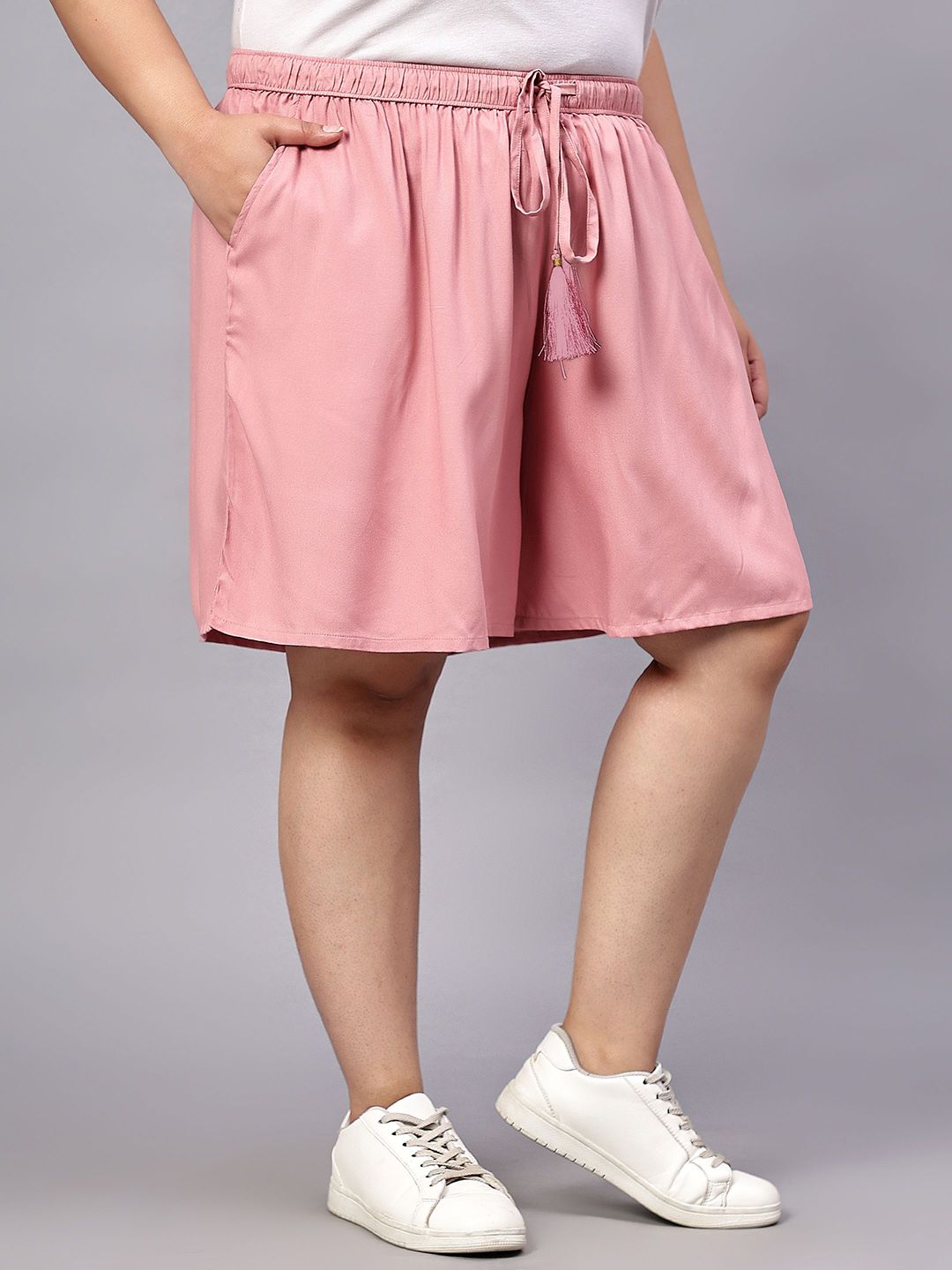 Pink Solid Plus Size Flared Shorts — view 2