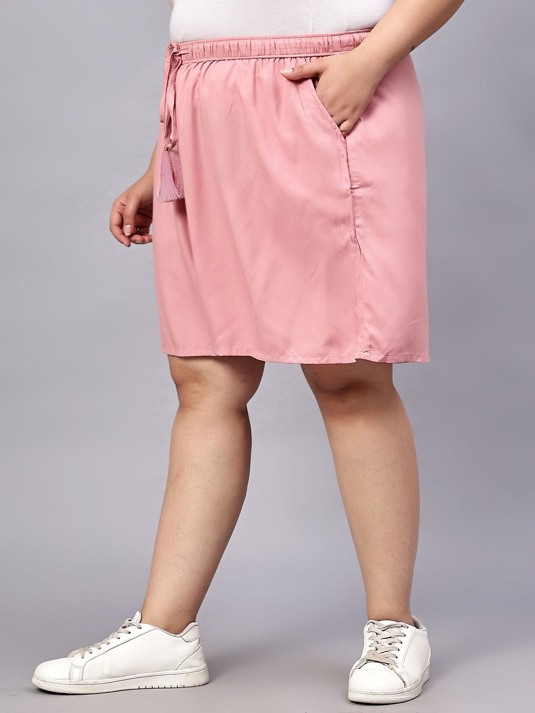 Pink Solid Plus Size Flared Shorts — view 3