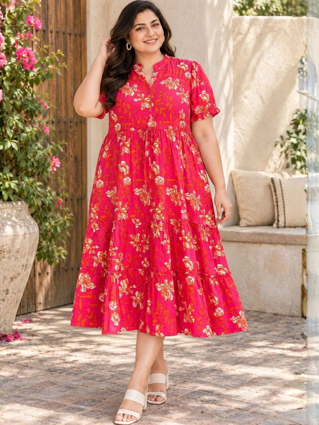 Orange Floral Tiered Plus Size Dress — view 1