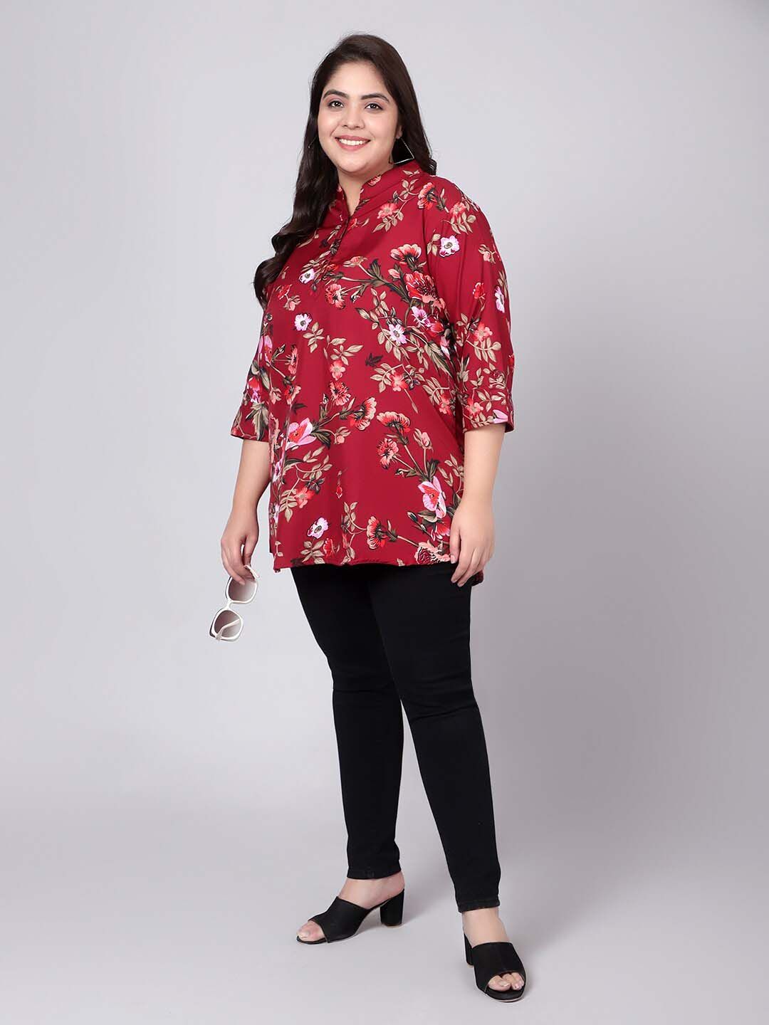 Maroon Floral Print Plus Size Tunic — view 7