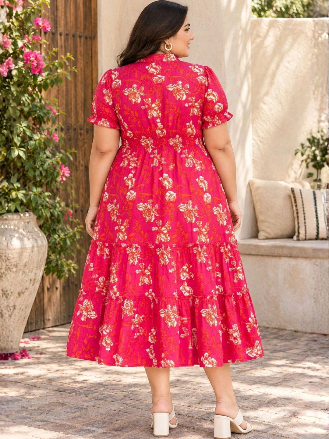 Orange Floral Tiered Plus Size Dress — view 2