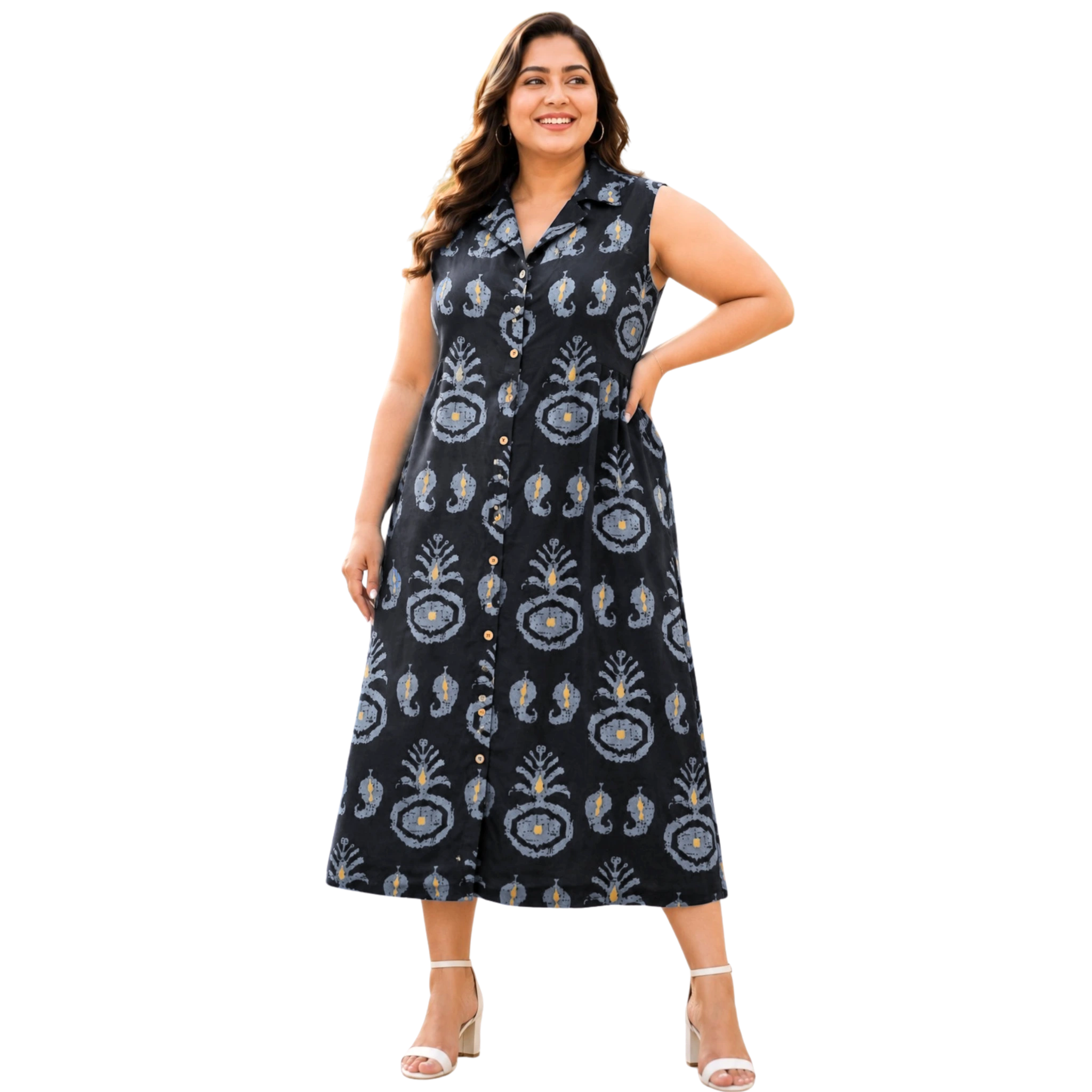 Black Motif Print Midi Dress