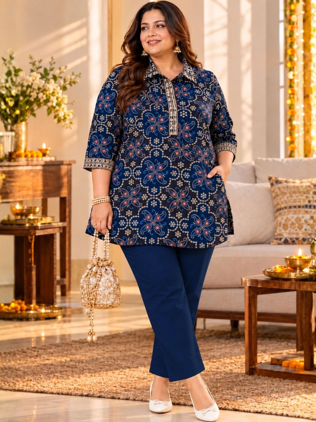 Blue Embroidered Festive Printed Tunic — view 4