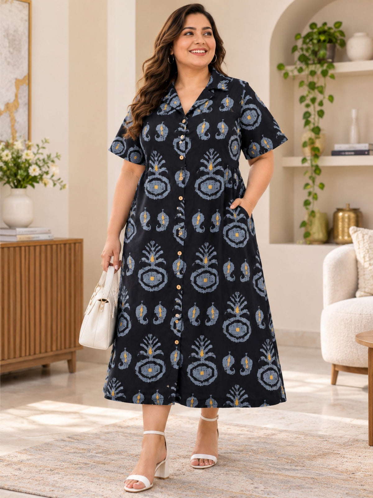 Black Motif Print Midi Sleeve Dress