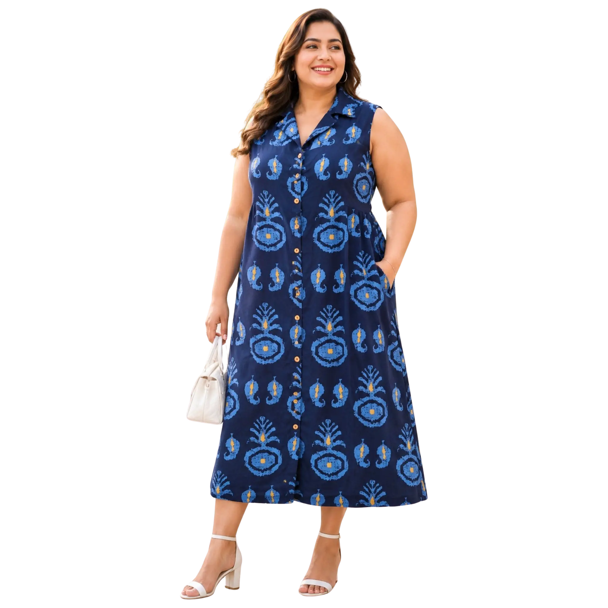 Blue Motif Print Midi Dress