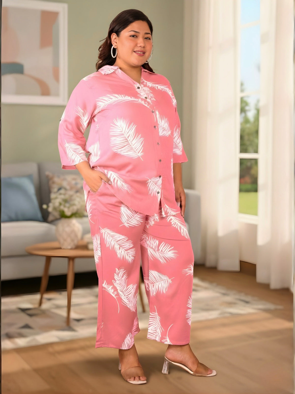 Pink Leaf Print Plus Size Co-Ord Set