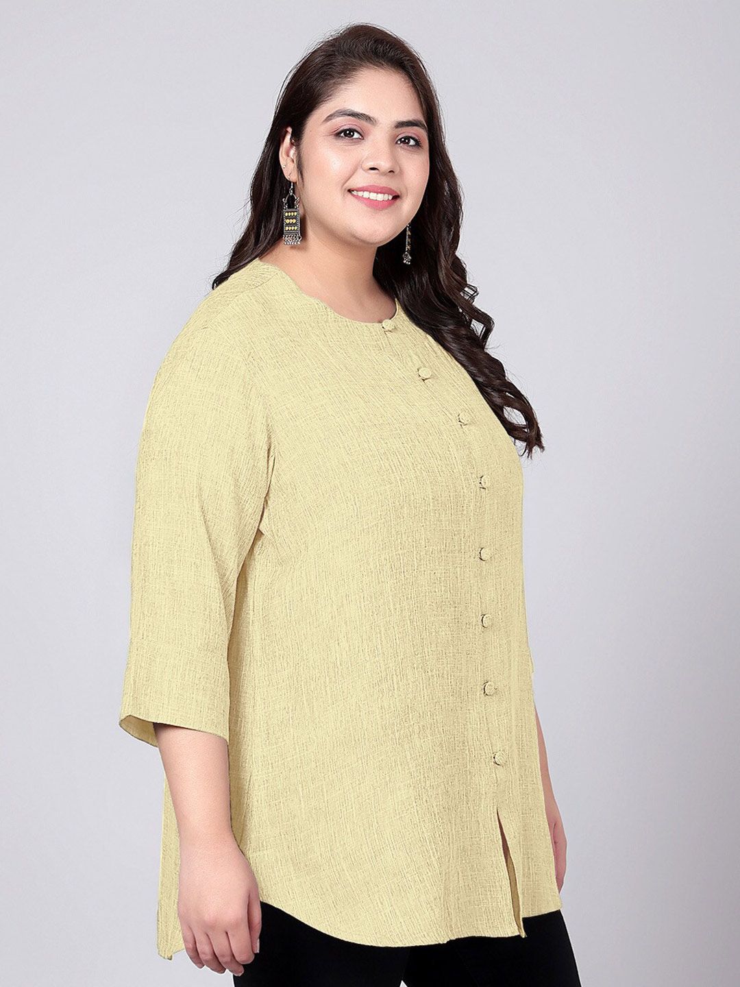 Yellow Cotton Linen Plus Size Tunic — view 3