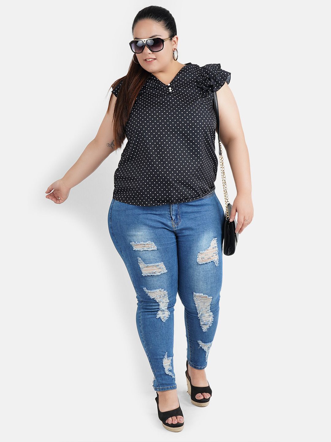 Black Polka Dot Buttoned Ruffle Top — view 5